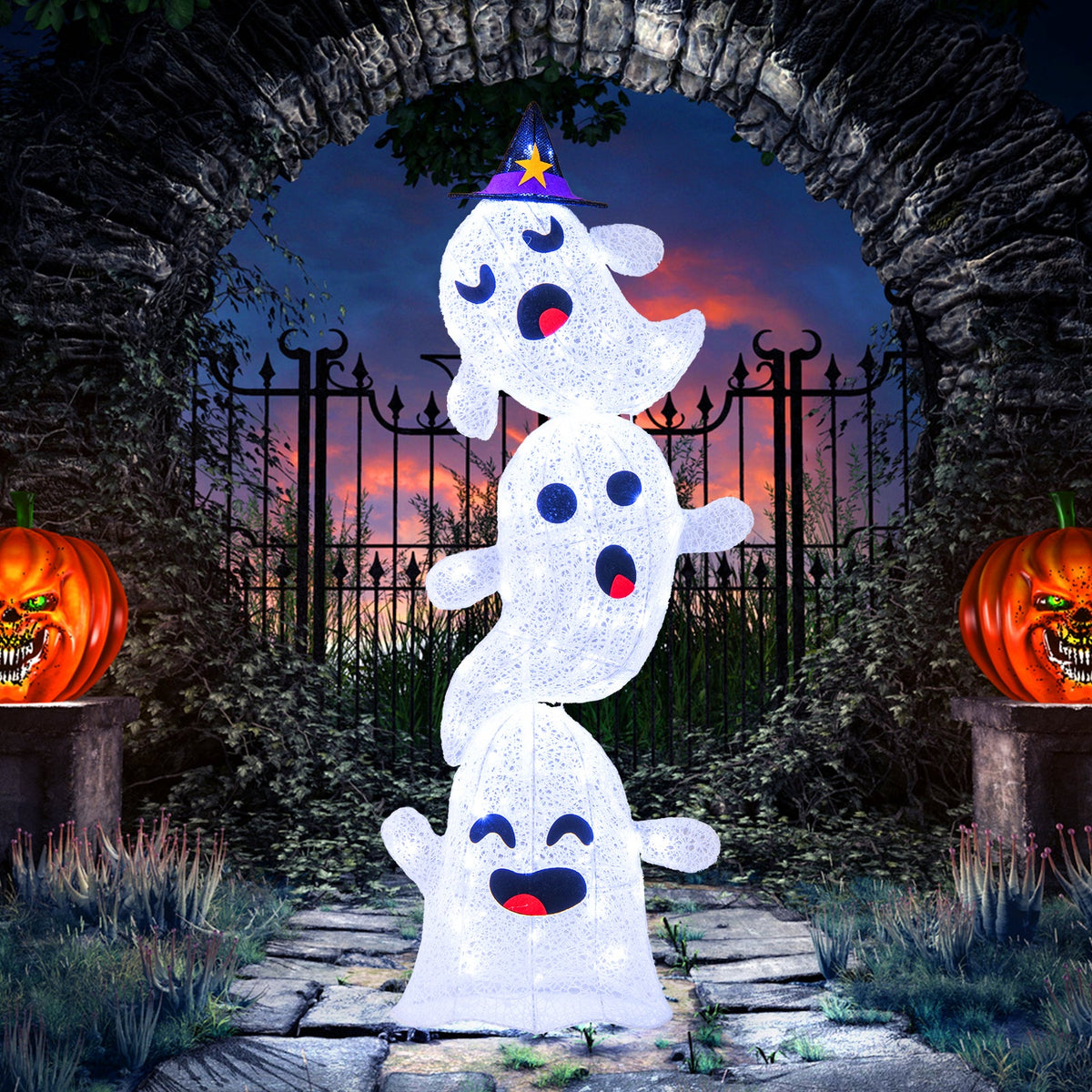 DirectDeals 4 ft lighted standing ghost stack with 3 white glowing LED ghosts on Tampa Home & Garden Store