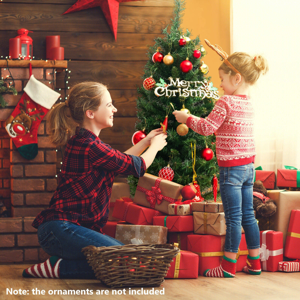 4 ft DirectDeals pre-lit artificial Christmas tree being decorated by kids with red ornaments on Tampa Home & Garden Store