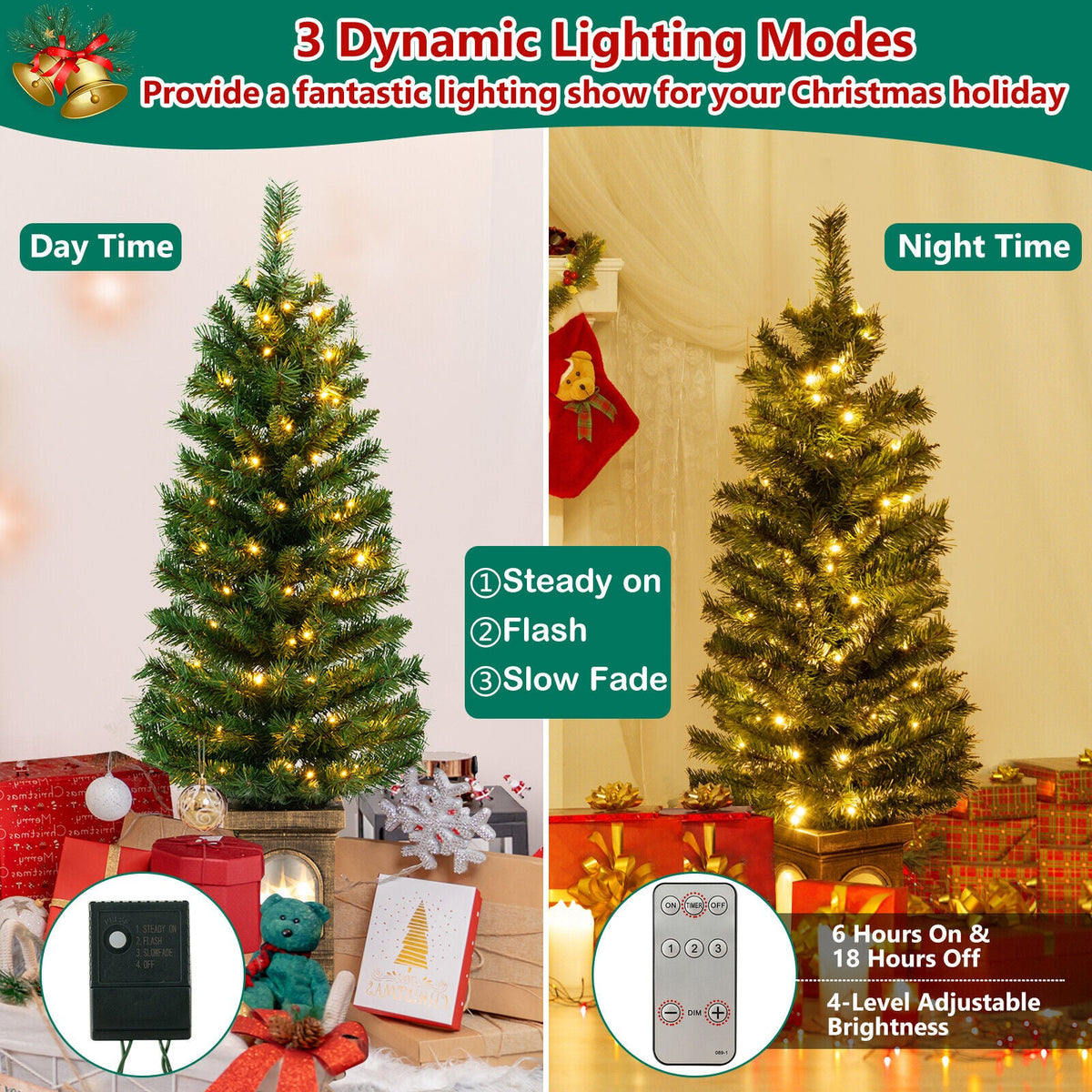 4 Feet Pre-Lit Potted Christmas Tree by DirectDeals, artificial evergreen with warm white lights on Tampa Home & Garden Store