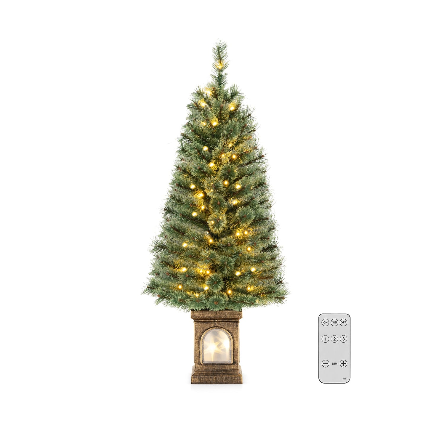 4 ft pre-lit artificial pine Christmas tree in pot with warm white lights on wooden base on Tampa Home & Garden Store