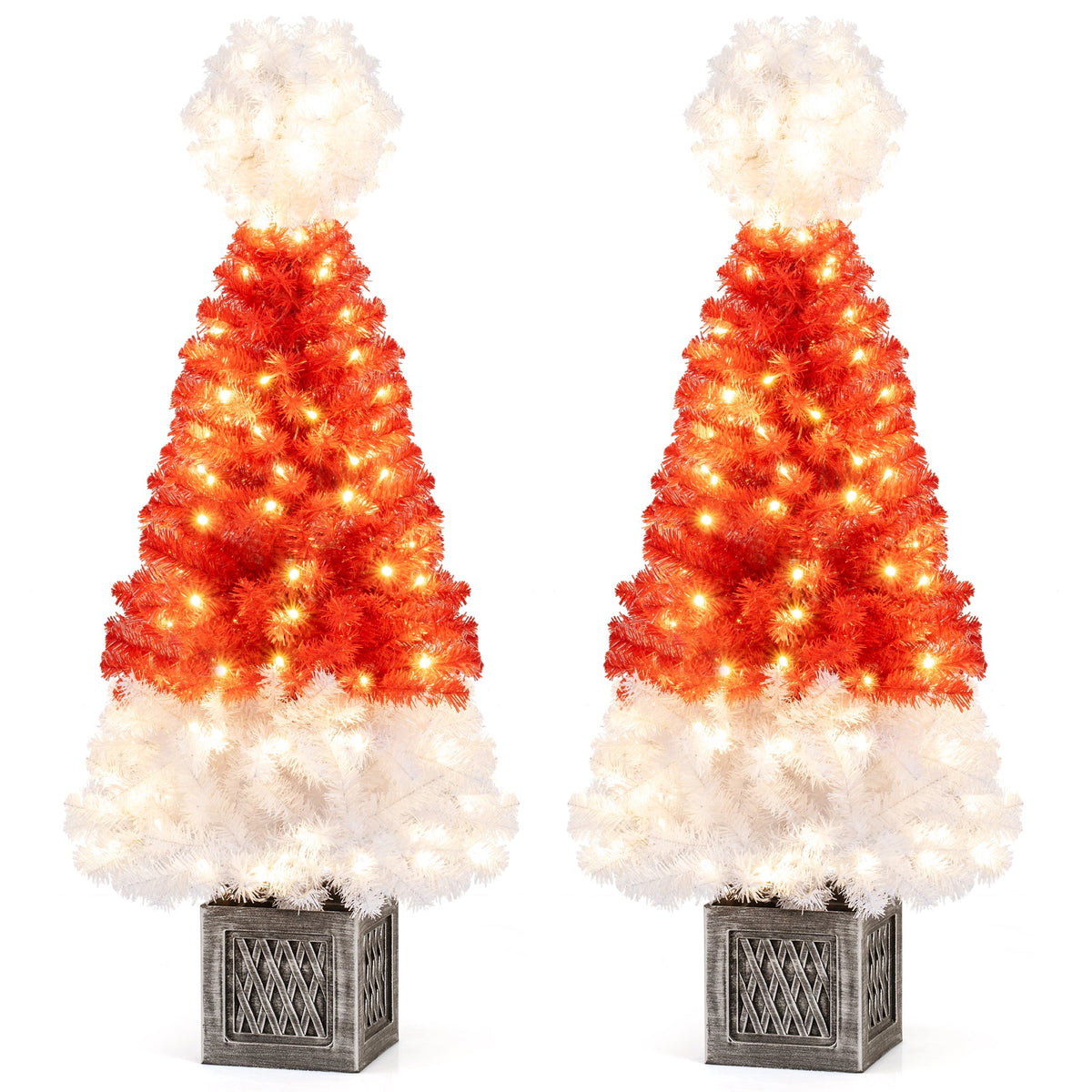 Set of 2 4ft artificial Xmas trees with white-tipped tops and red bases, 100 warm white LEDs on Tampa Home & Garden Store