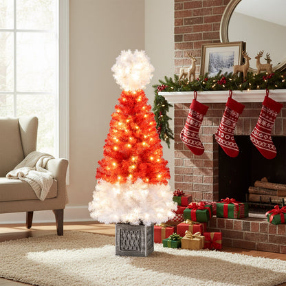 4 ft artificial Christmas tree with red body, white snowy tips and 100 warm white LEDs on a base on Tampa Home & Garden Store