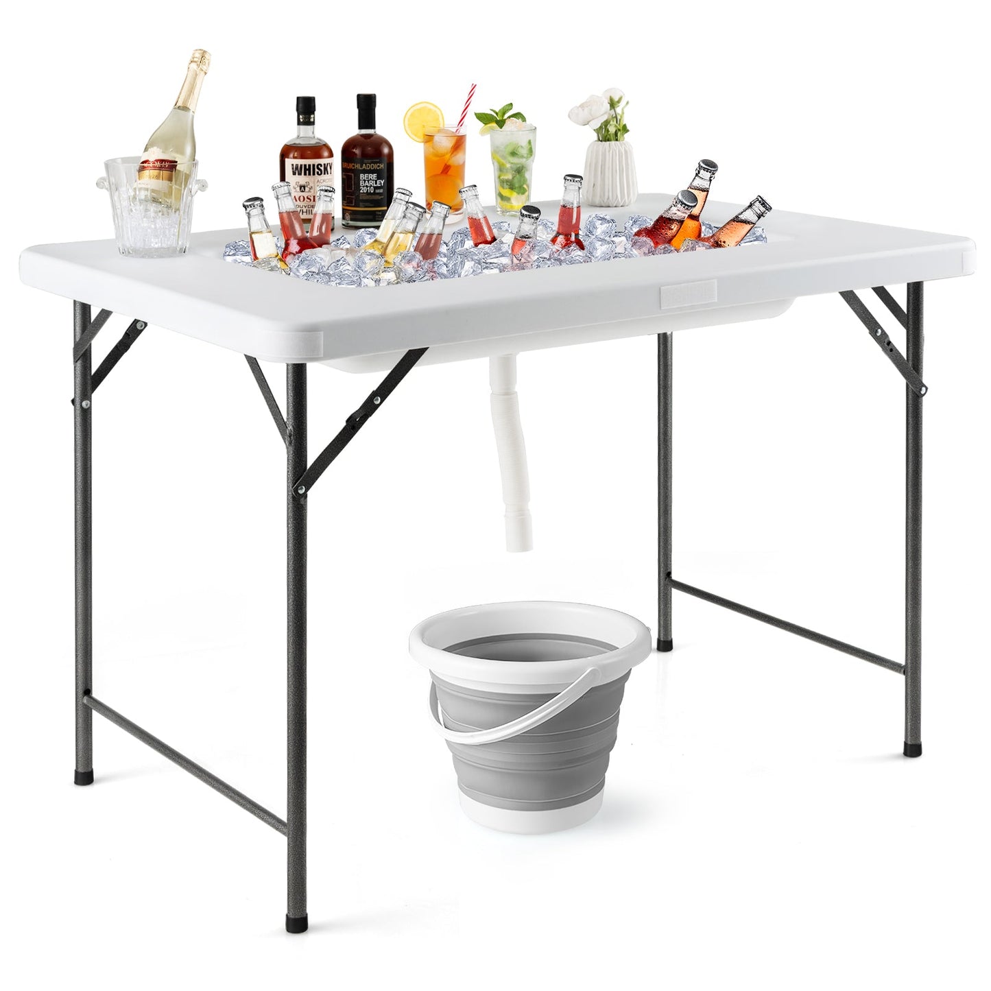 4 Feet Folding Ice Bin Table with Skirt for Camping Picnic Wedding with Ice Bucket-White