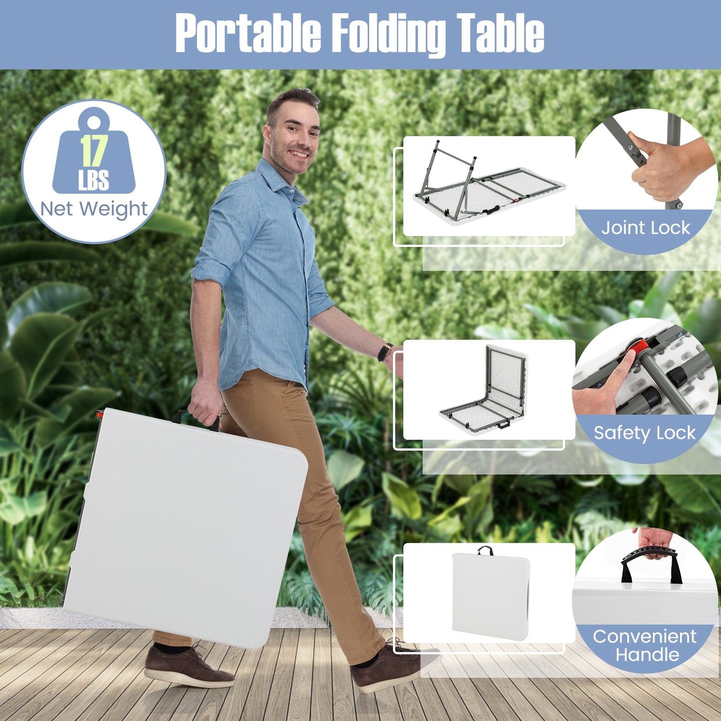 GemGear 4 ft portable camping table with white HDPE tabletop and metal legs on Tampa Home & Garden Store