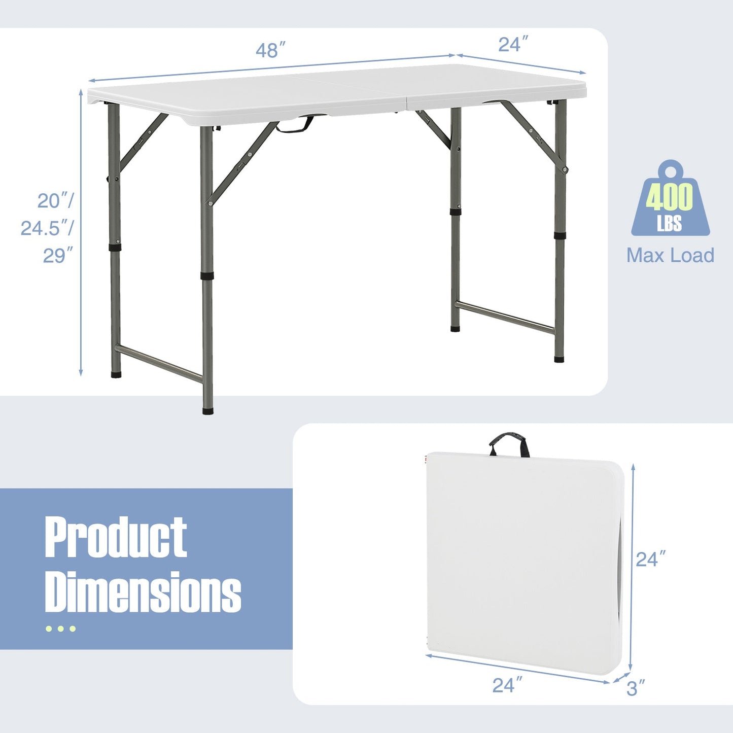 4 Feet Portable Camping Table with HDPE Tabletop and Metal Legs-White