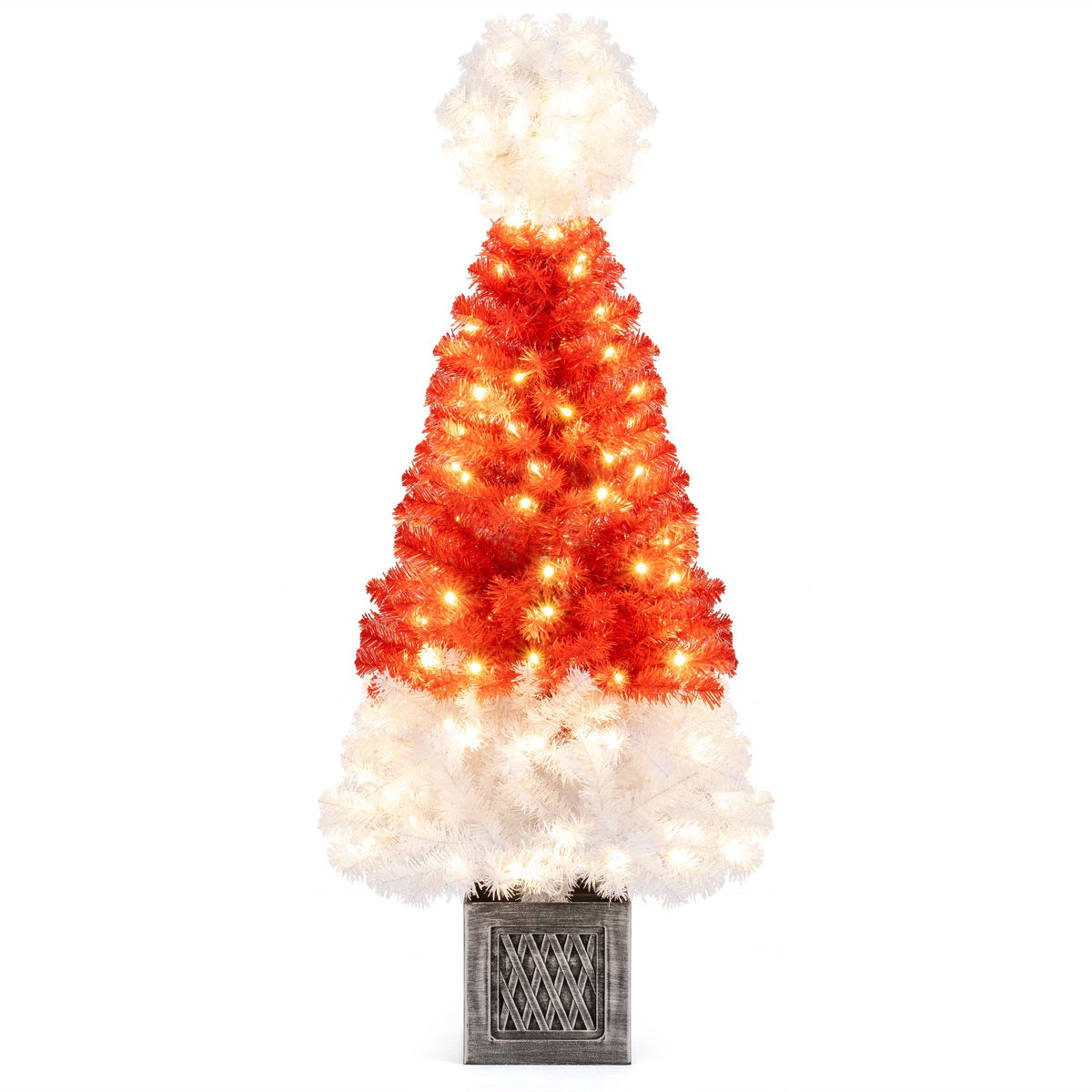 4 ft artificial Christmas tree with red branches and white snowy tips, 300 tips, square base on Tampa Home & Garden Store