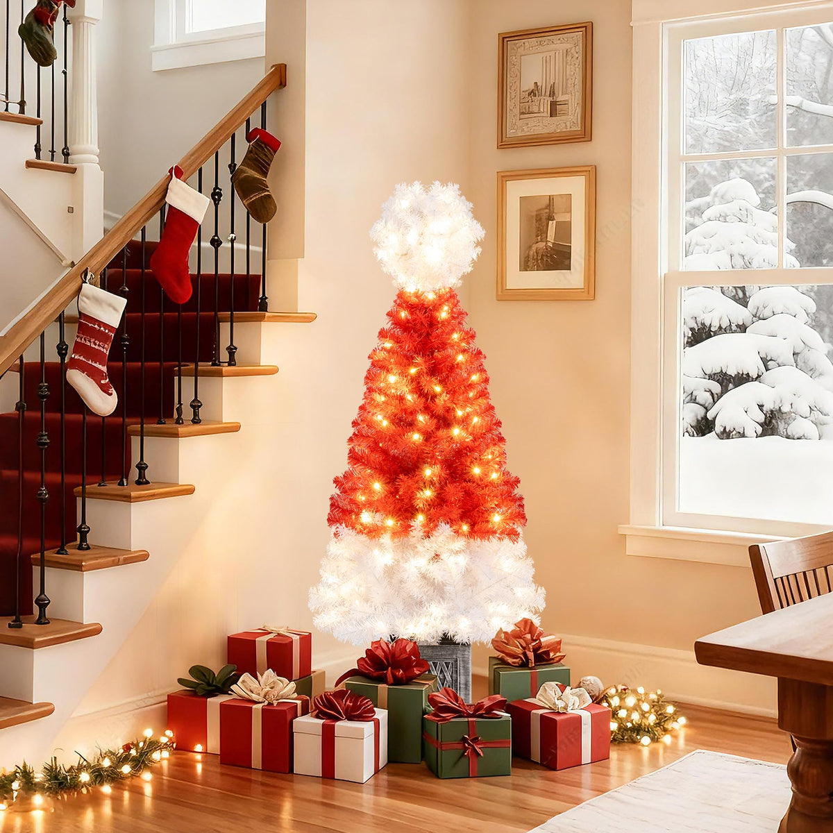 4 ft red artificial Christmas tree with 300 branch tips and white fluffy topper, warm lights, surrounded by gifts on Tampa Home & Garden Store
