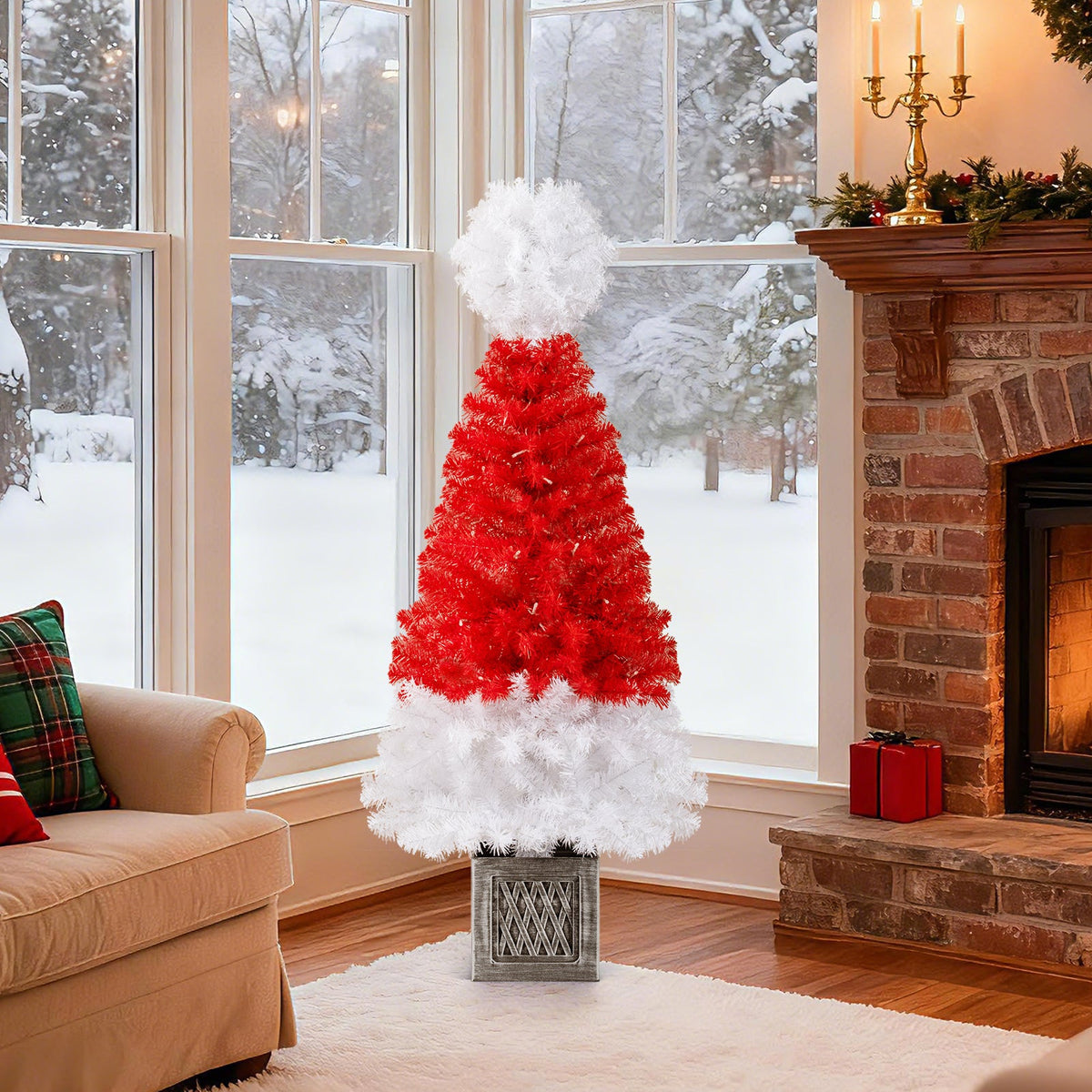 4 ft artificial Christmas tree DirectDeals, red with white tips, 300 branch tips, stand on Tampa Home & Garden Store