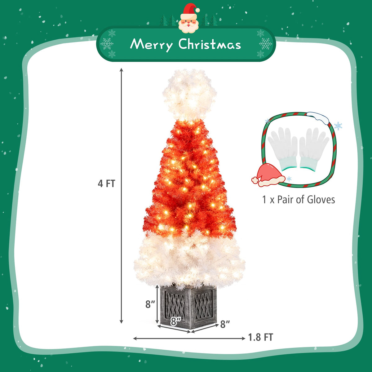 4 ft red artificial Christmas tree with 300 branch tips and white lights Santa hat and gloves on Tampa Home & Garden Store