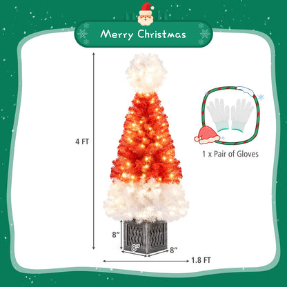 4 ft red artificial Christmas tree with 300 branch tips and white lights Santa hat and gloves on Tampa Home & Garden Store
