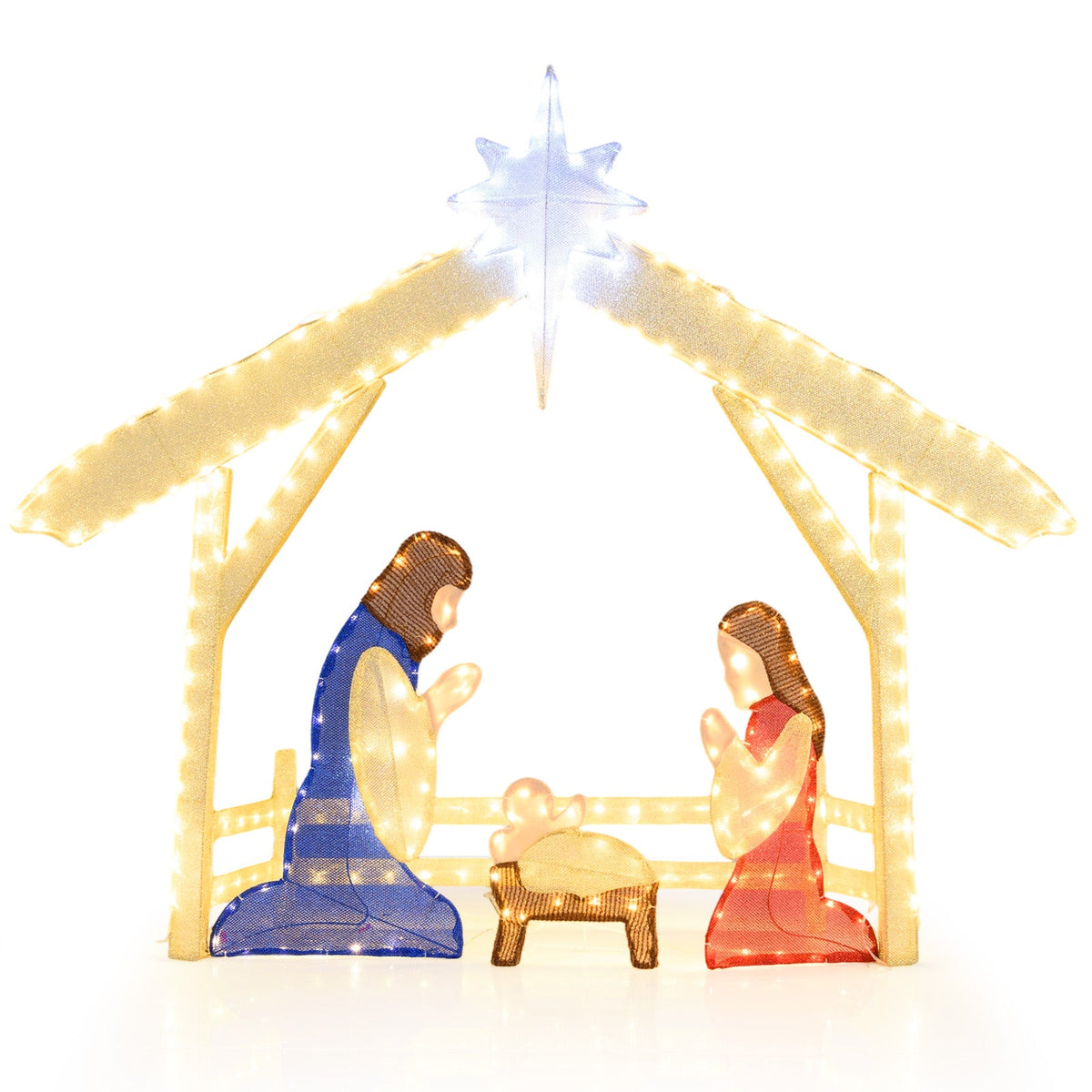 4 ft lighted nativity scene with Mary and Joseph kneeling at the manger under a star, LED arches on Tampa Home & Garden Store