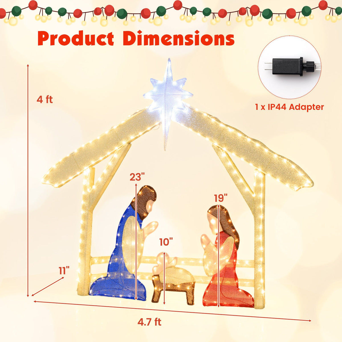 4 ft Lighted Nativity Scene Holy Family Set by DirectDeals, prelit LED lights on a gold frame on Tampa Home & Garden Store