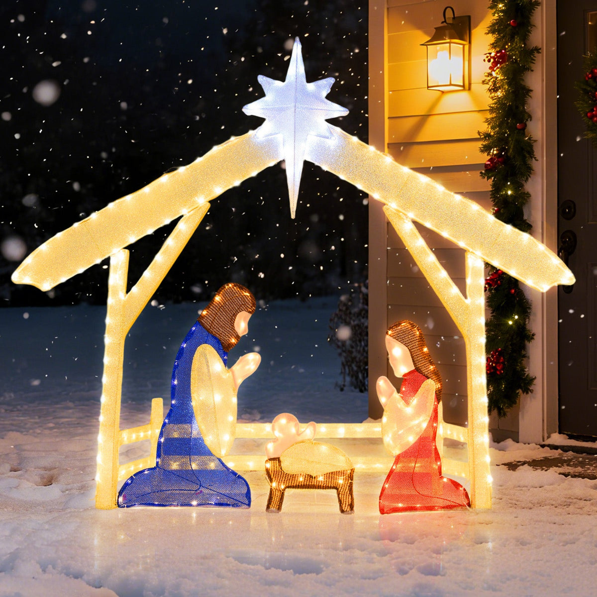 4 ft lighted nativity scene DirectDeals Holy Family trio under warm-white arch star on Tampa Home & Garden Store