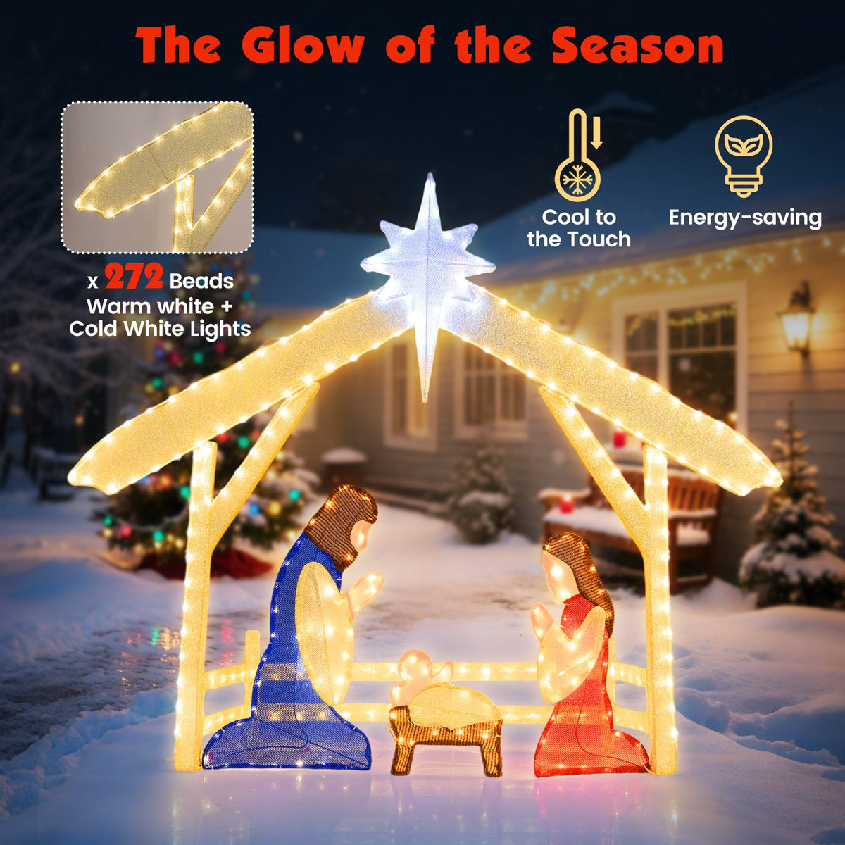 4 ft Lighted Nativity Scene DirectDeals Holy Family with star, 272 beads, warm/cold white lights on Tampa Home & Garden Store