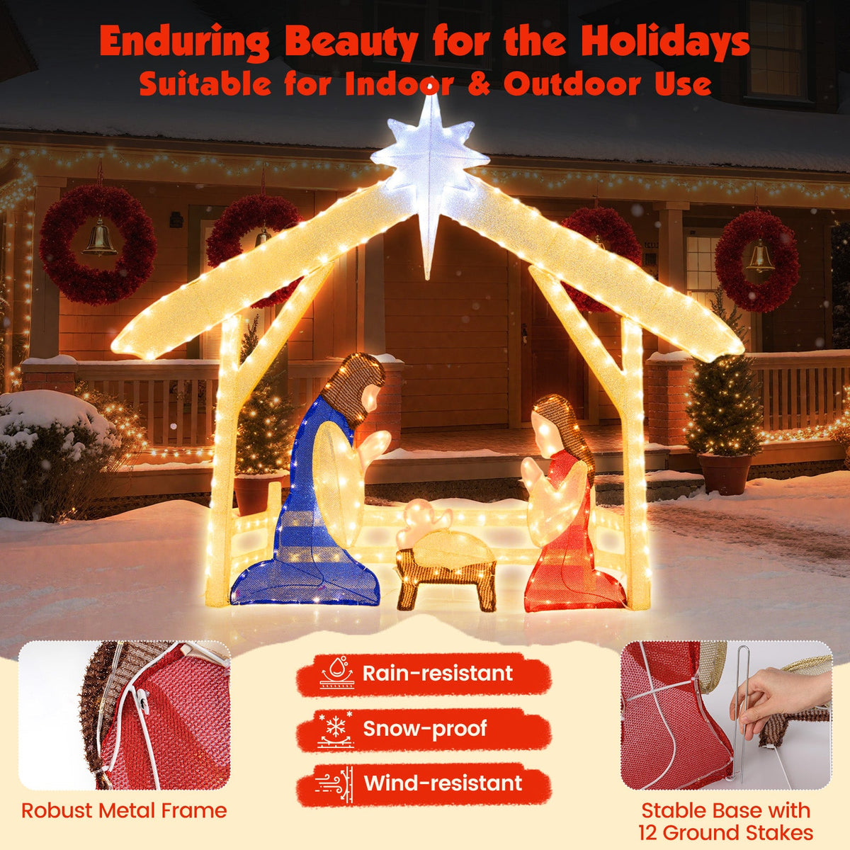 4 ft lighted nativity scene DirectDeals Holy Family blue Mary and red Joseph under star on Tampa Home & Garden Store