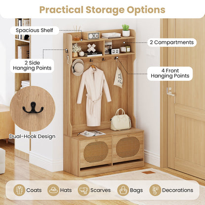 4-In-1 Hall Tree with Coat Rack and Flip Drawers for Entryway Mudroom