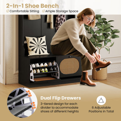 4-In-1 Hall Tree with Coat Rack and Flip Drawers for Entryway Mudroom