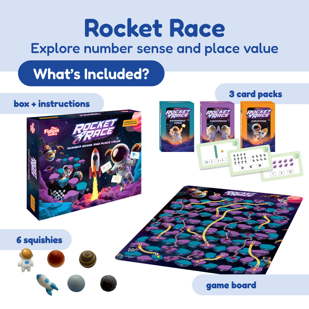 Rocket Race game by The Fidget Games with 3 card packs, game board, and 6 squishies on Tampa Home & Garden Store