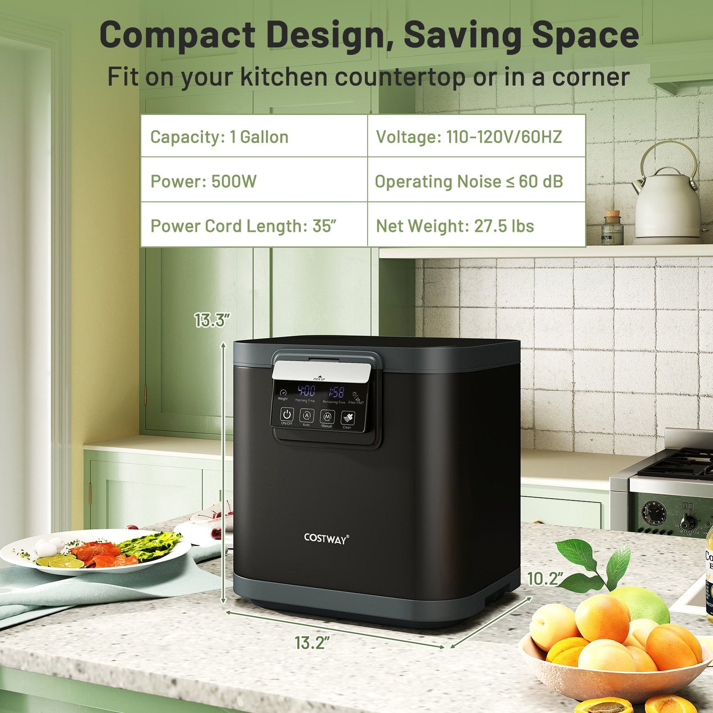 Compostador Eléctrico de 4 L con Tapa y Pantalla LED para Cocina-Negro