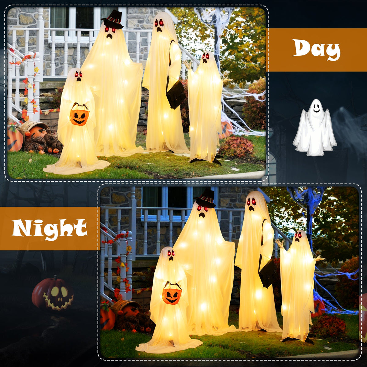 4 pc Halloween ghost family light-up figures in white cloth with red eyes and warm white LEDs for yard display on Tampa Home & Garden Store
