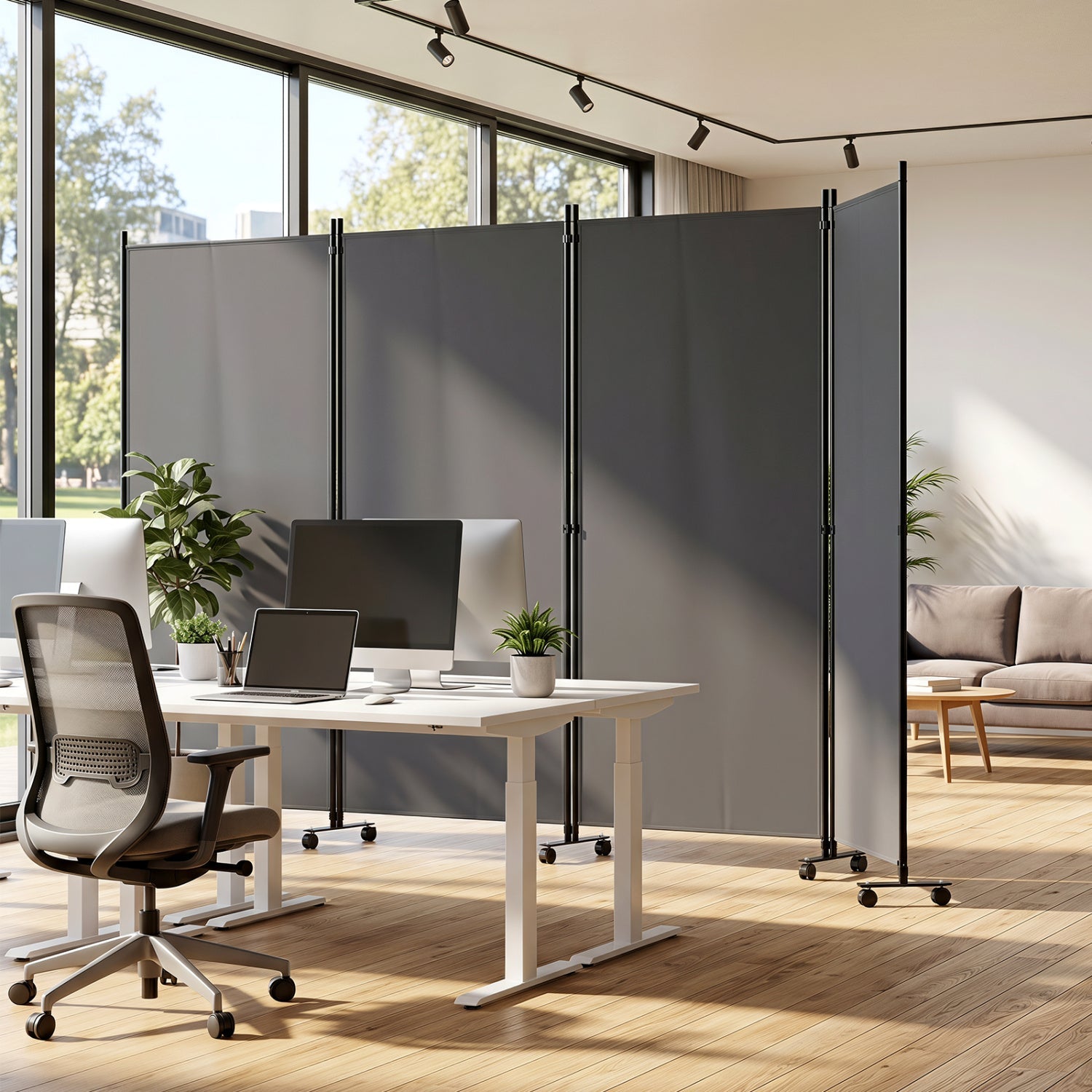 4-Panel Folding Room Divider with Wheels by DirectDeals, gray panels, black frame 71.5 in tall on Tampa Home & Garden Store