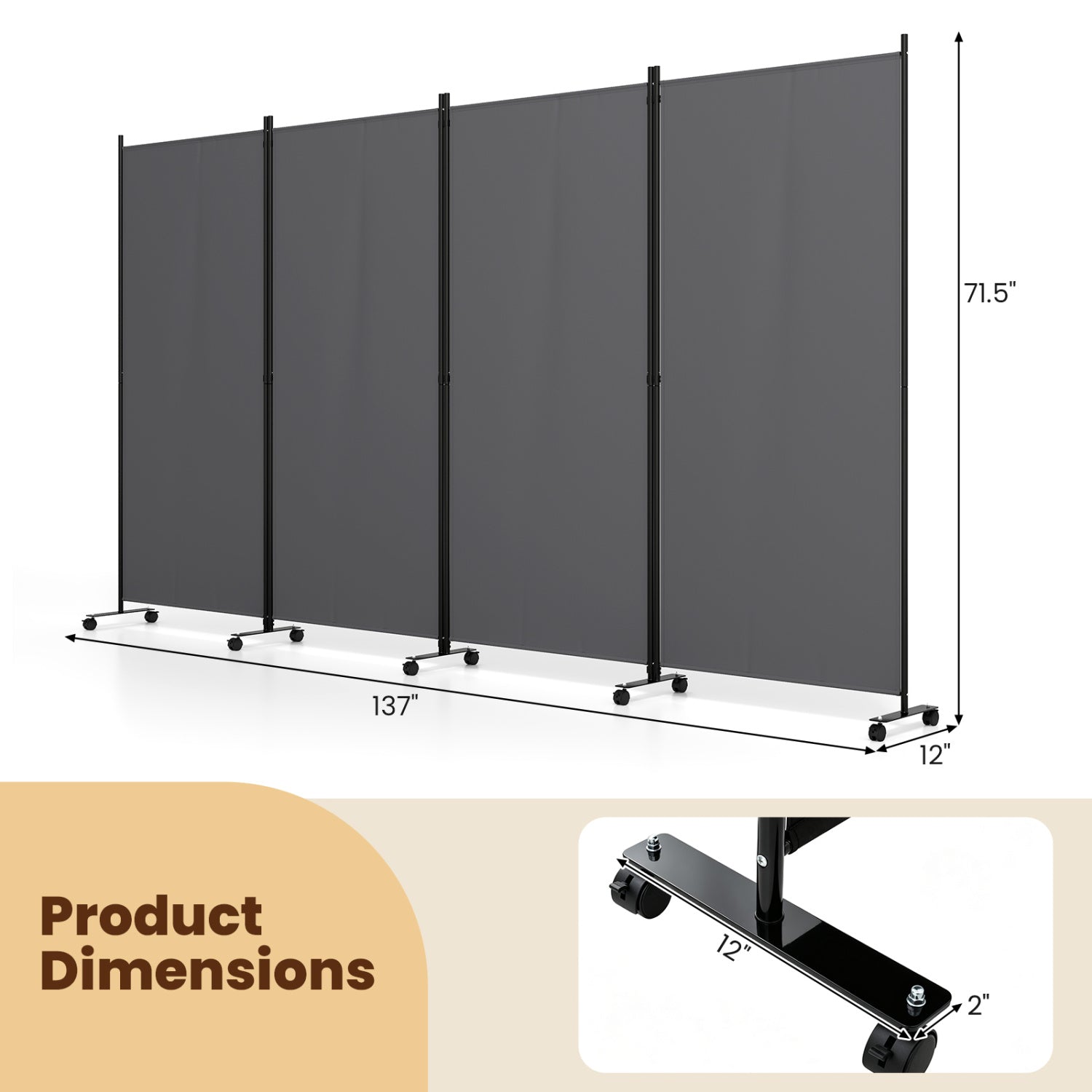 4-panel folding room divider by DirectDeals on wheels, gray fabric panels, 71.5 in tall on Tampa Home & Garden Store