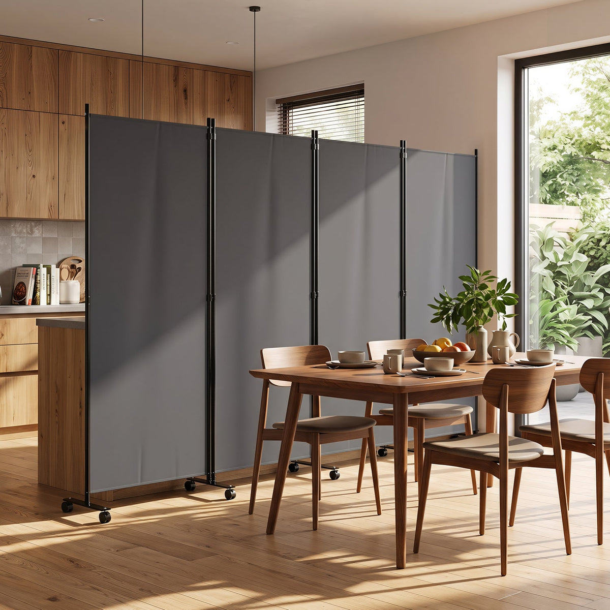 4-panel folding room divider with wheels, gray panels by DirectDeals in a modern kitchen on Tampa Home & Garden Store