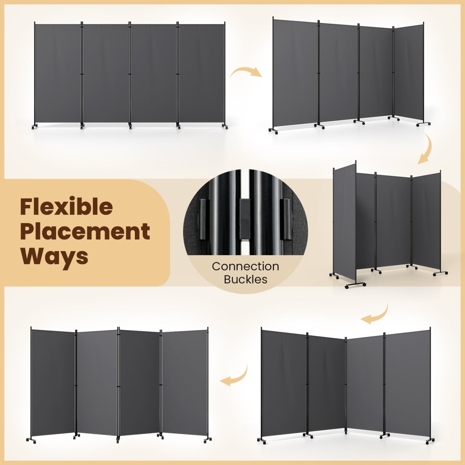 DirectDeals 4-Panel Folding Room Divider with Wheels, 71.5 in tall, grey panels on casters on Tampa Home & Garden Store