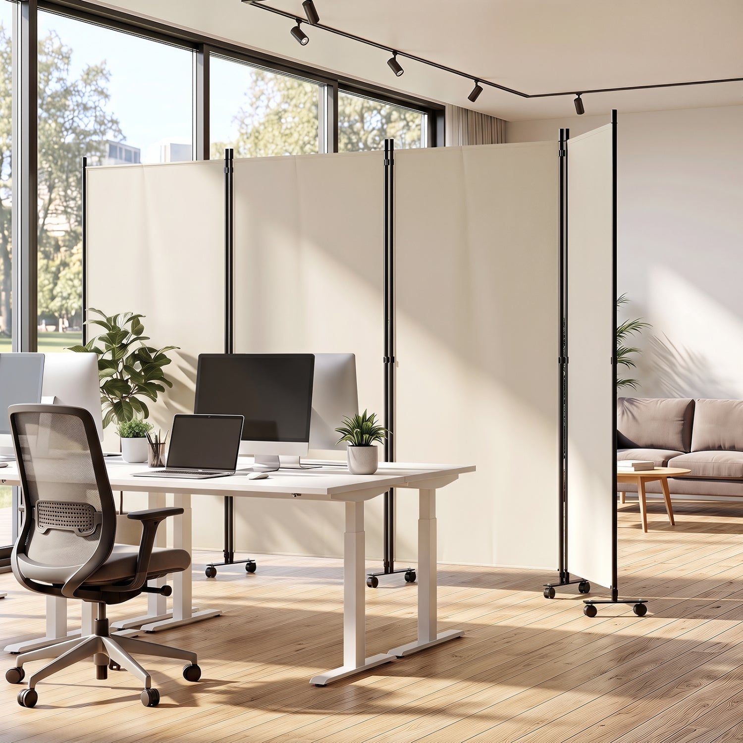 4-Panel Folding Room Divider with Wheels by DirectDeals, beige panels, black frame, 71.5 in tall on Tampa Home & Garden Store