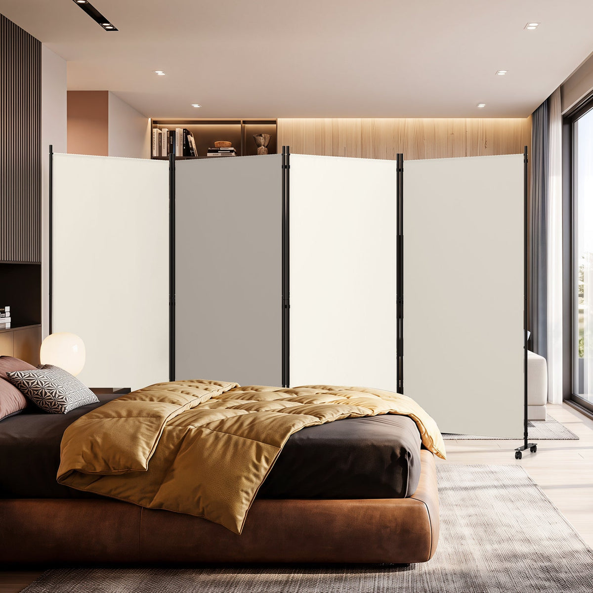 4-Panel Folding Room Divider with Wheels by DirectDeals, cream panels with black metal frames, 71.5in tall on Tampa Home & Garden Store