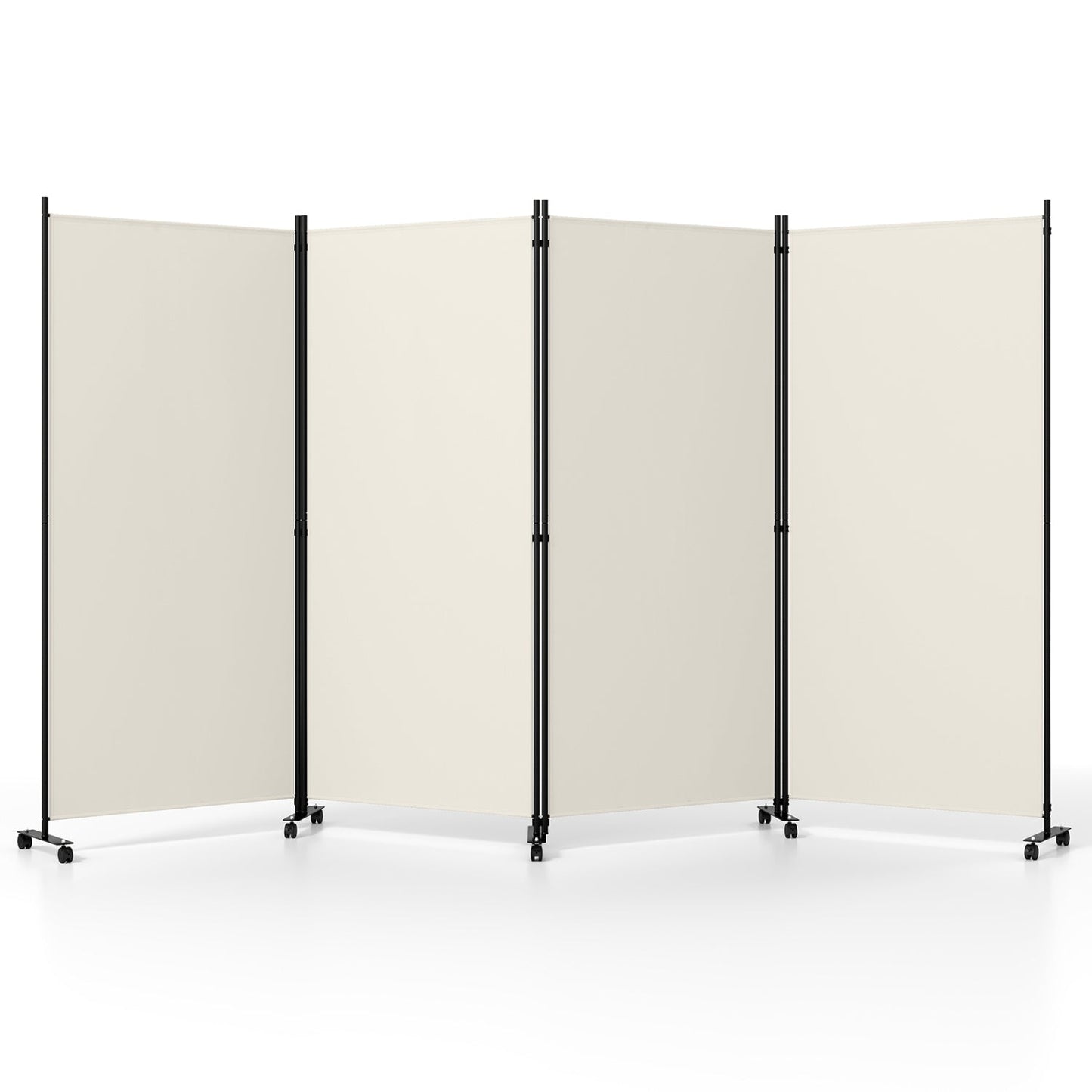 4-panel folding room divider with wheels, beige fabric panels, black frames by DirectDeals on Tampa Home & Garden Store