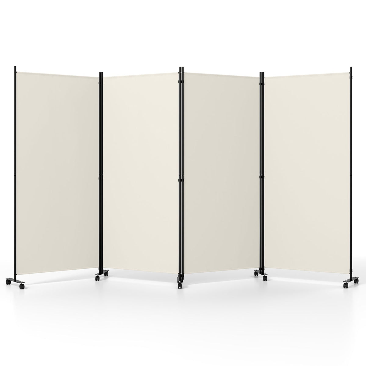 4-panel folding room divider with wheels, beige fabric panels, black frames by DirectDeals on Tampa Home & Garden Store