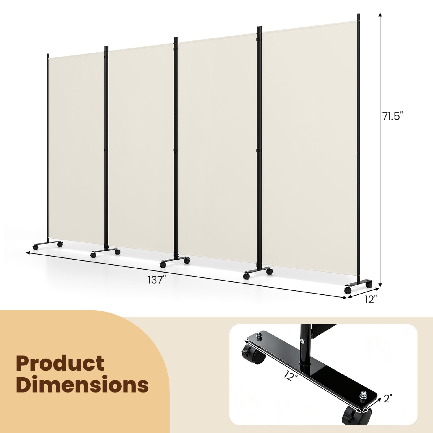 4-Panel Folding Room Divider with Wheels, beige panels on black metal frame by DirectDeals on Tampa Home & Garden Store
