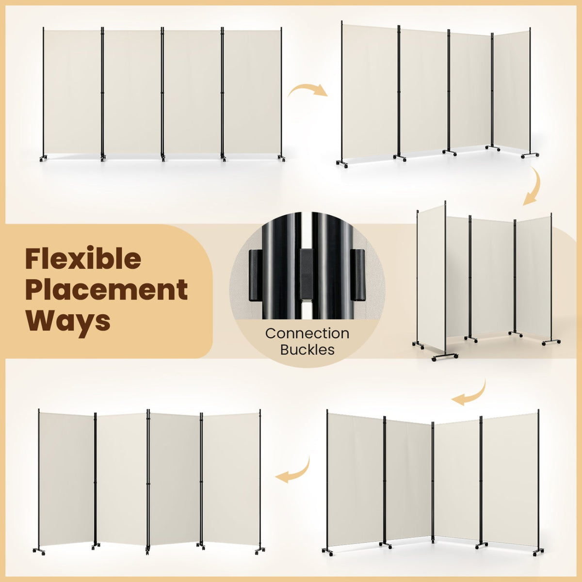 4-Panel Room Divider with Wheels, beige panels on black frames, 71.5in tall DirectDeals on Tampa Home & Garden Store