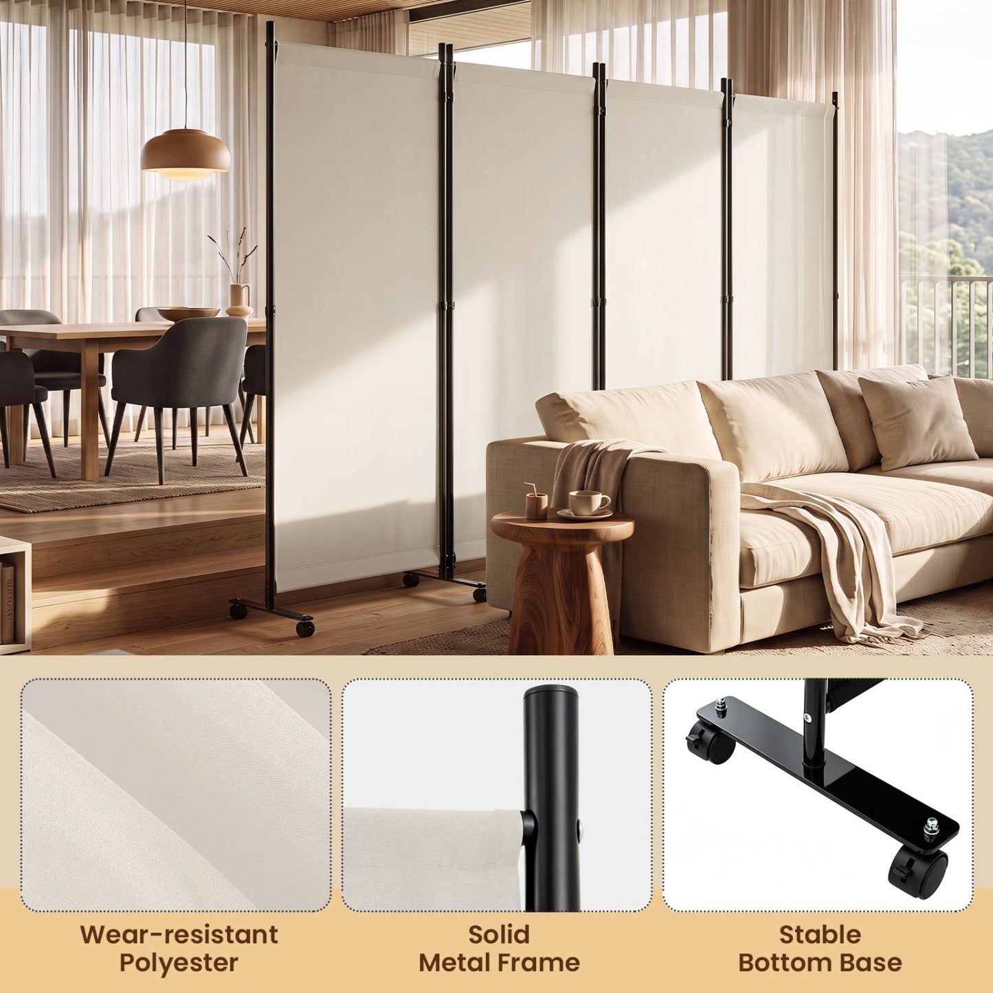 4-panel folding room divider with wheels DirectDeals white panels black frame on casters in living room on Tampa Home & Garden Store