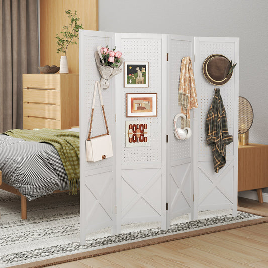 4-Panel Pegboard Display Stand Folding Room Divider with Solid Wood Frame-White - Tampa Home & Garden Store