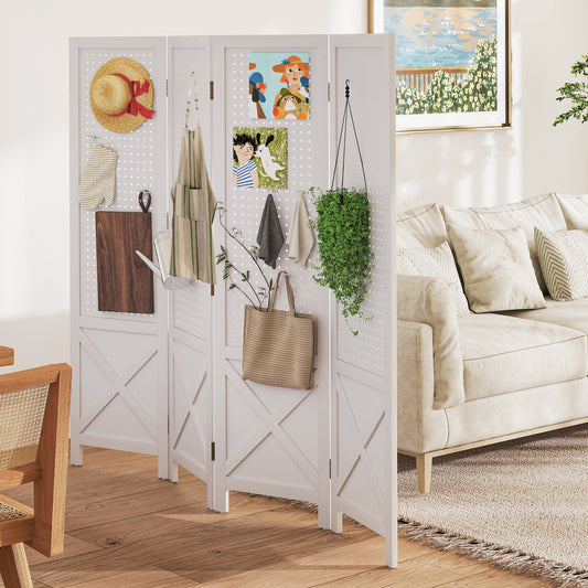 4-Panel Pegboard Display Stand Folding Room Divider with Solid Wood Frame-White - Tampa Home & Garden Store