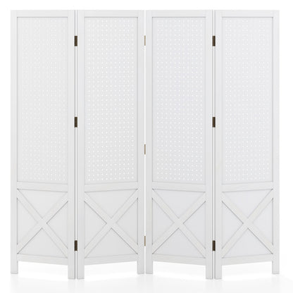 4-Panel Pegboard Display Stand Folding Room Divider with Solid Wood Frame-White