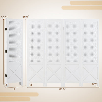 4-Panel Pegboard Display Stand Folding Room Divider with Solid Wood Frame-White