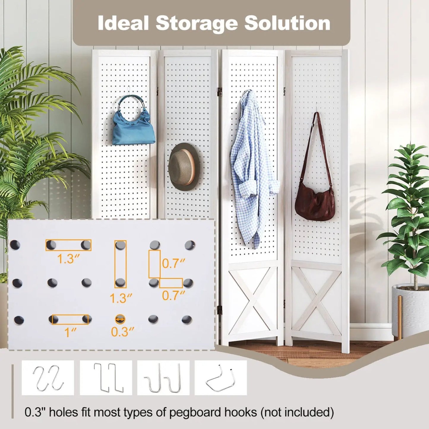 6-Panel Pegboard Room Divider Foldable Screen