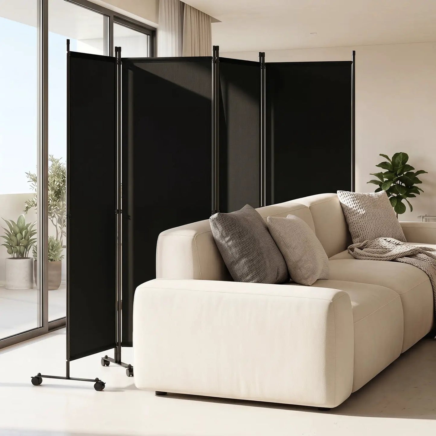 Four Panel Room Divider With Lockable Wheels