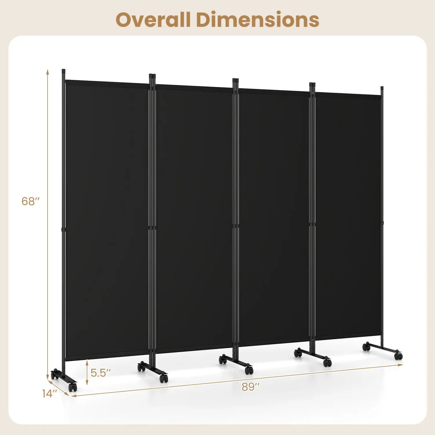 Four Panel Room Divider With Lockable Wheels