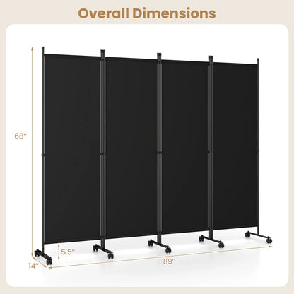 Four Panel Room Divider With Lockable Wheels