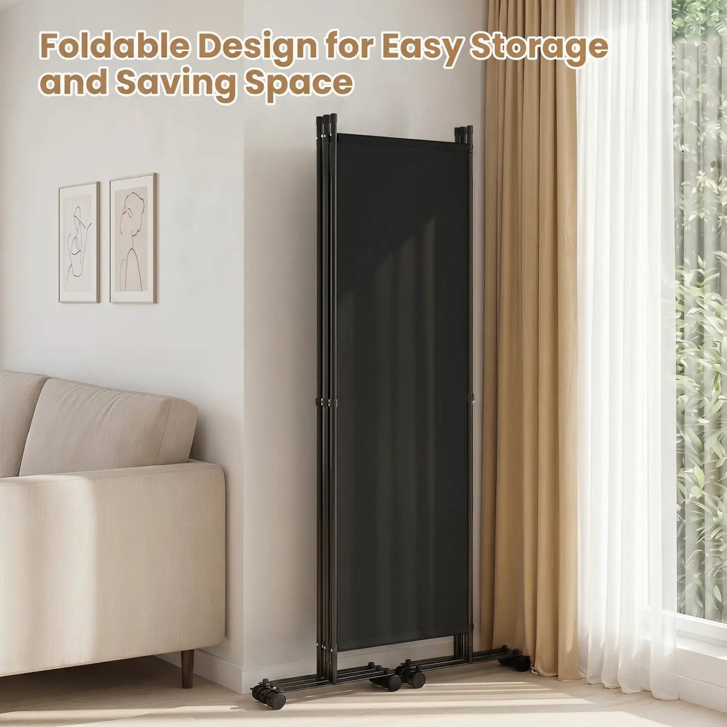 Four Panel Room Divider With Lockable Wheels
