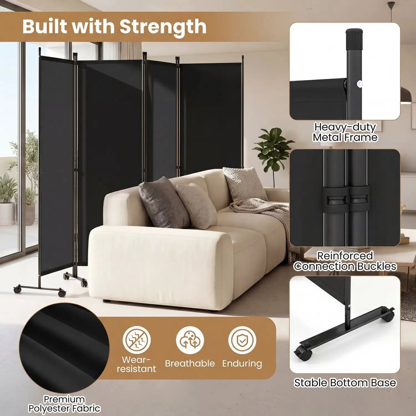 Four Panel Room Divider With Lockable Wheels