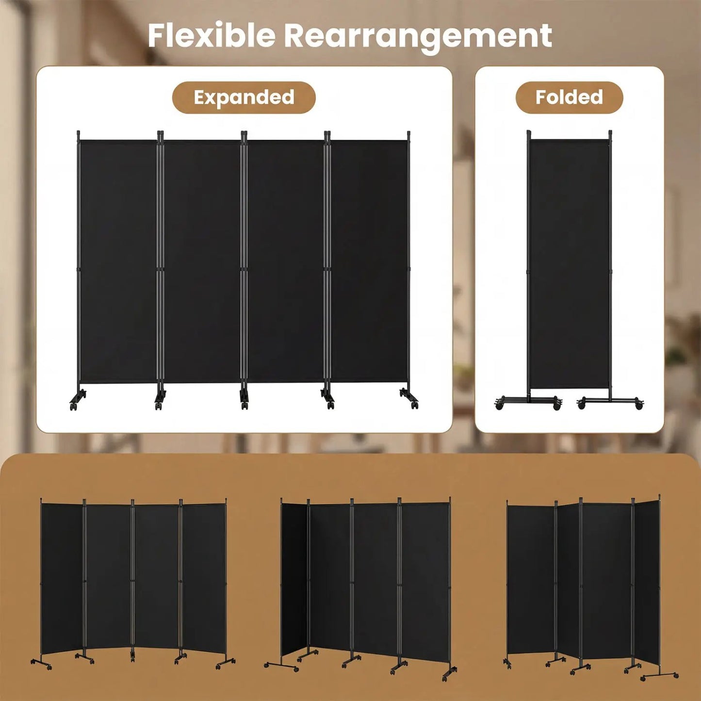 Four Panel Room Divider With Lockable Wheels