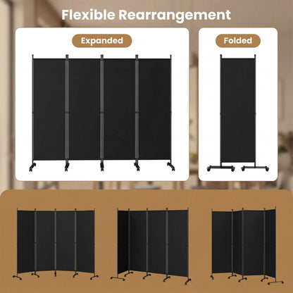Four Panel Room Divider With Lockable Wheels