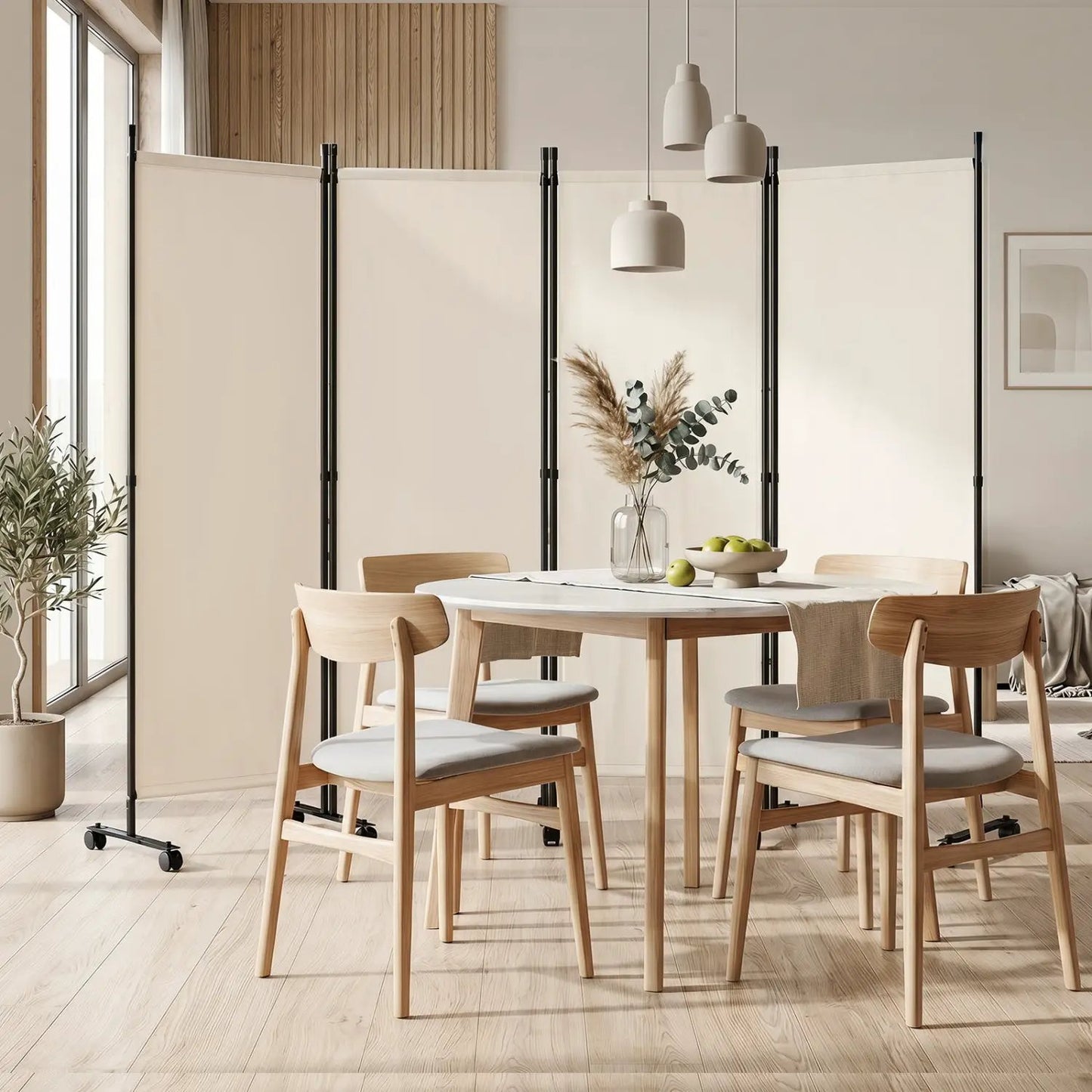 Four Panel Room Divider With Lockable Wheels