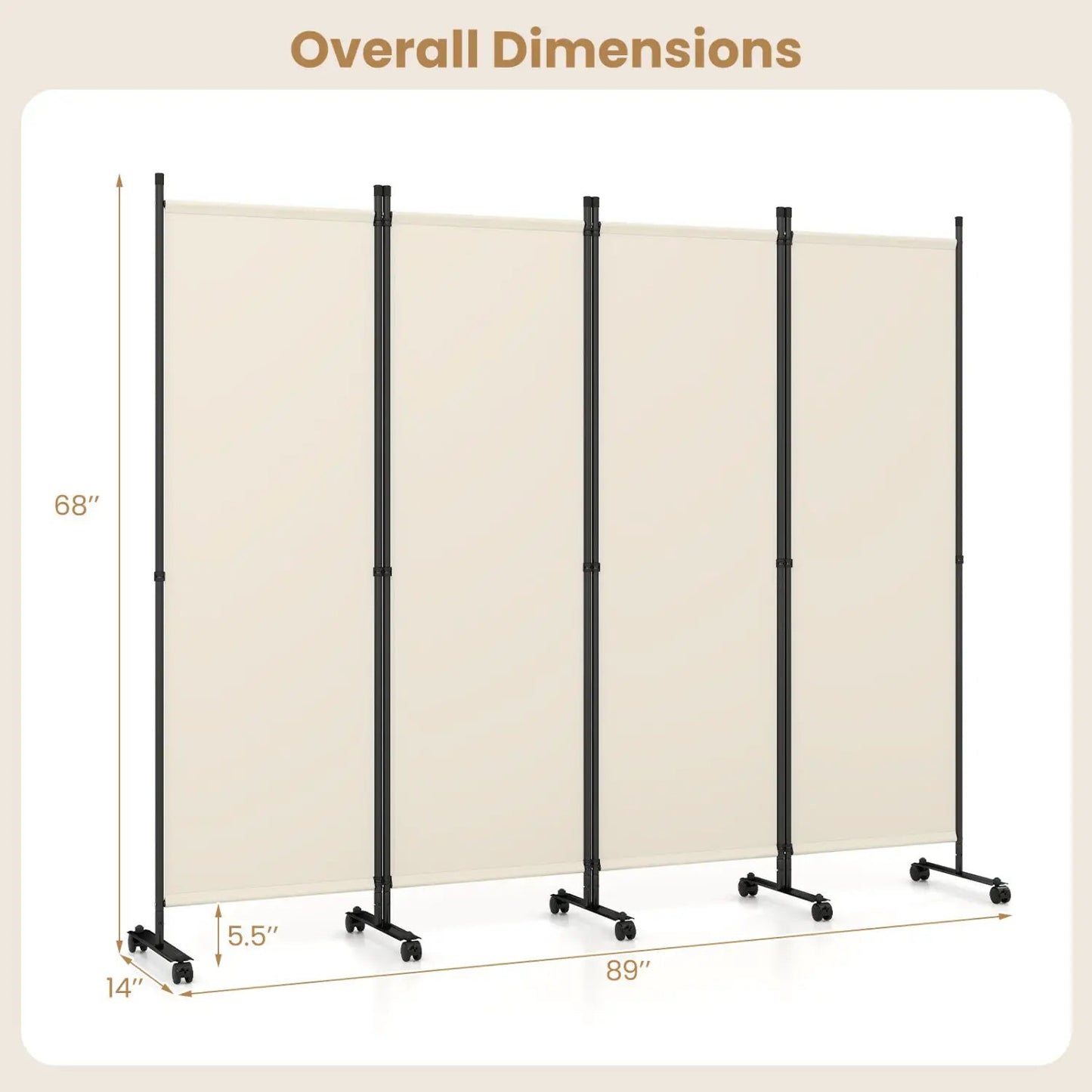 Four Panel Room Divider With Lockable Wheels