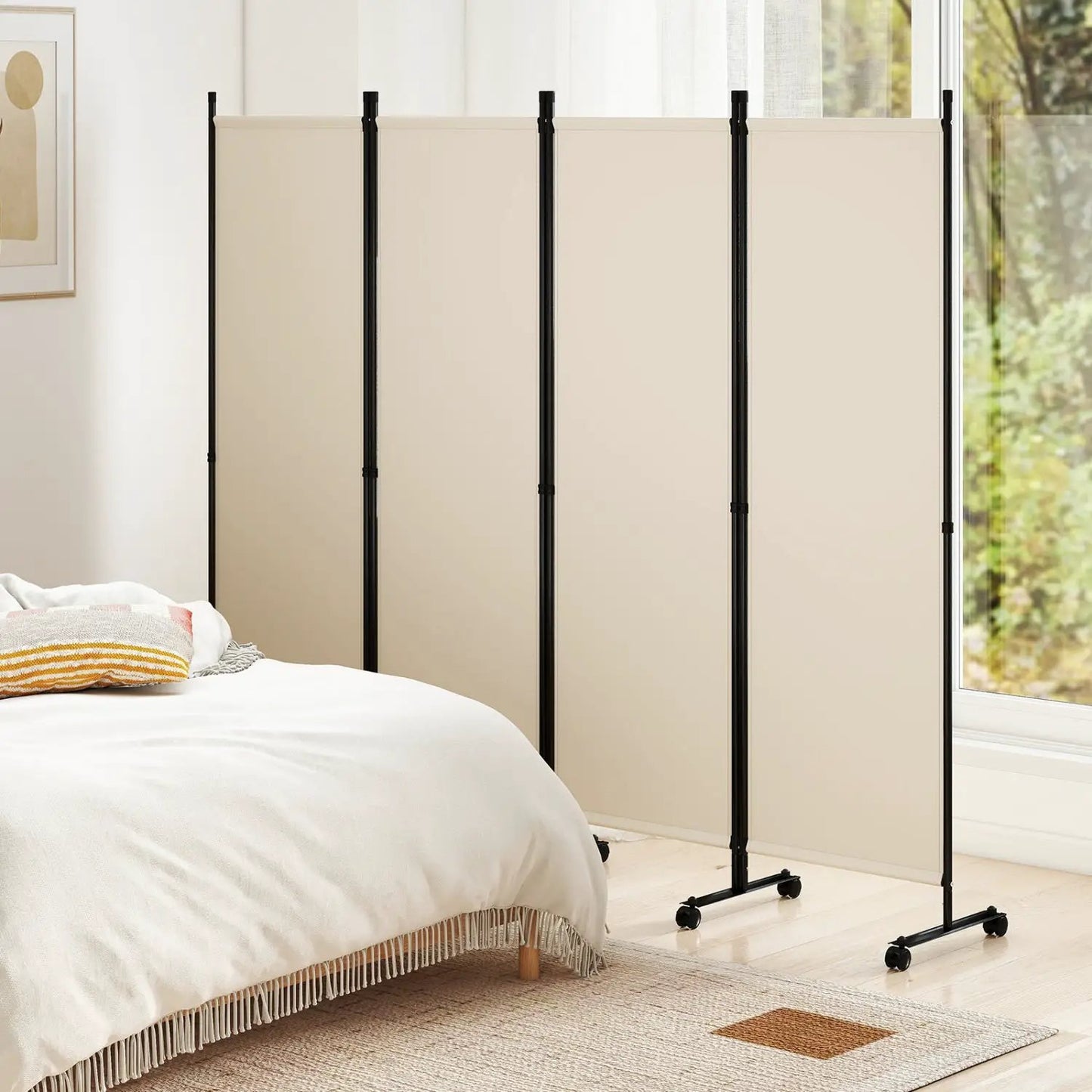 Four Panel Room Divider With Lockable Wheels